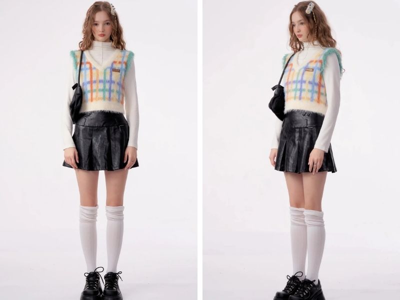 Cách phối áo len gile với chân váy da