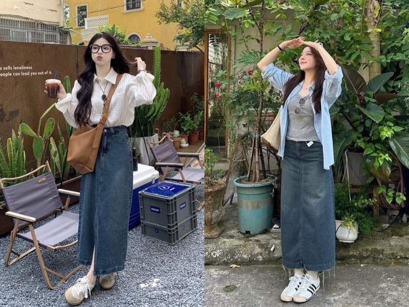 Phối áo sơ mi với chân váy jeans dài