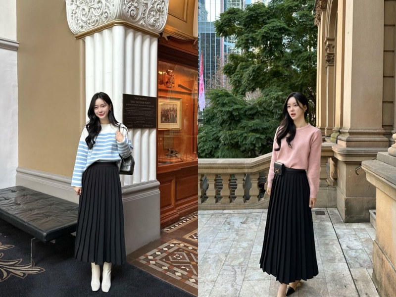 Chân váy xếp ly dài phối áo len trẻ trung
