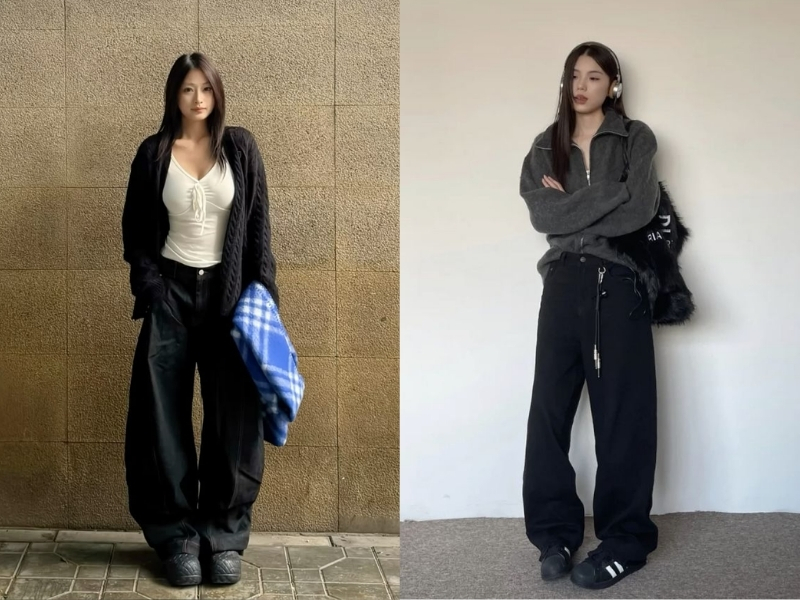 Phối đồ với quần ống suông đen và áo cardigan