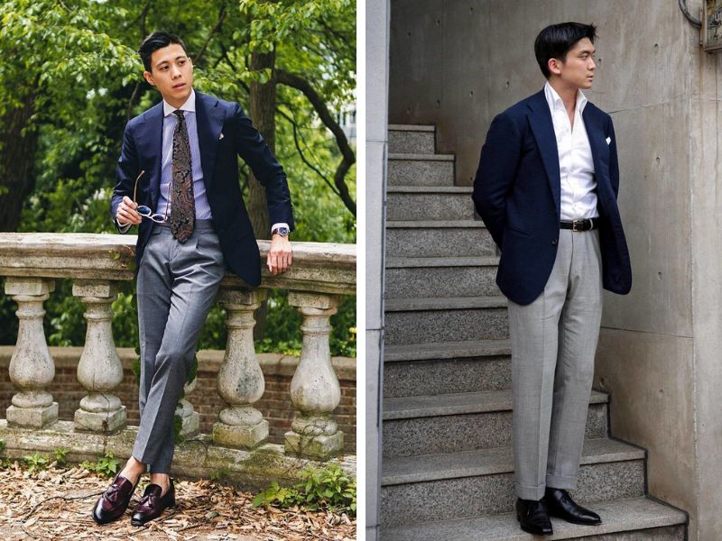 vest xanh navy với quần xám