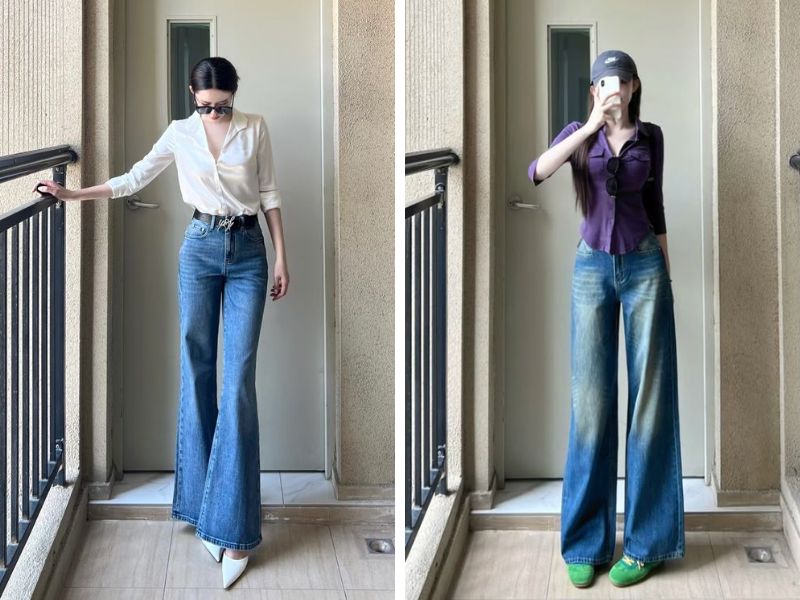 Quần jean ống loe nữ phối cùng áo sơ mi