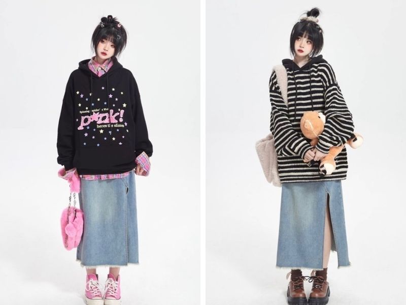 Cách phối chân váy bò dài với áo hoodie