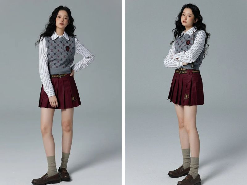 Cách phối áo gile với chân váy tennis