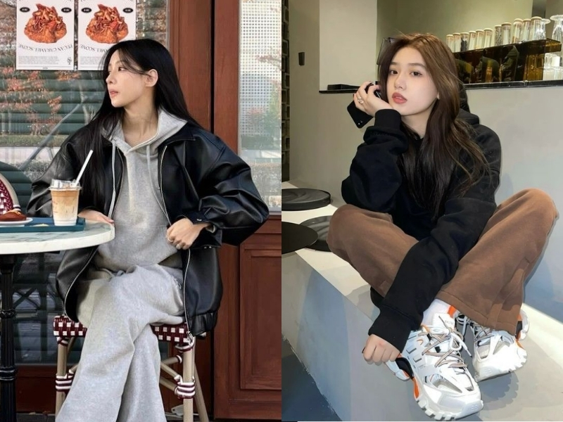 Áo hoodie phối quần ống rộng mùa đông