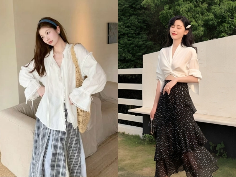 Áo sơ mi phối với chân váy hoa nhí dáng dài
