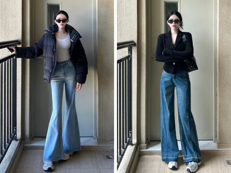 Cách phối giày sneaker cùng quần jean ống loe nữ