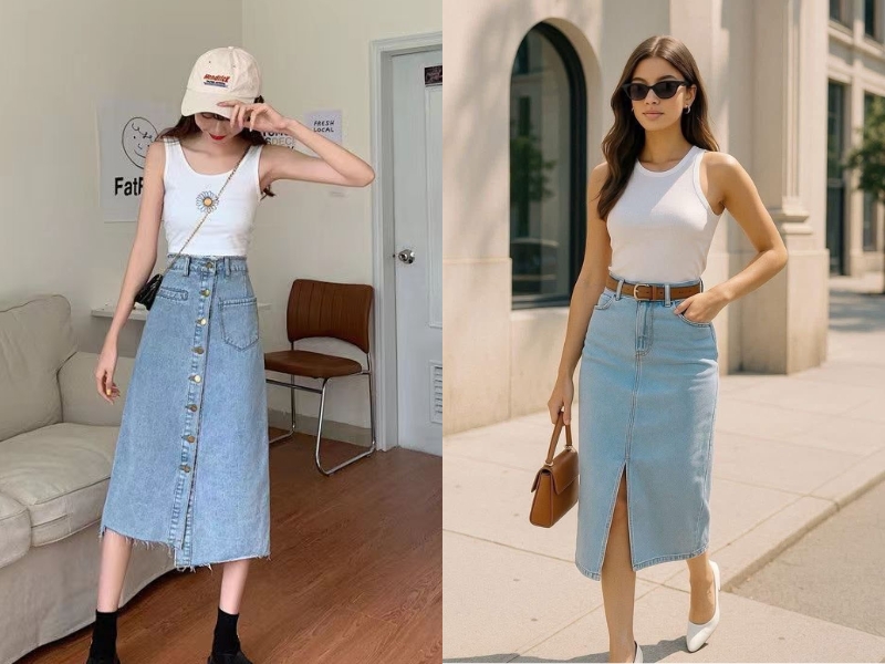 Áo tanktop trắng mix với chân váy jean nhạt