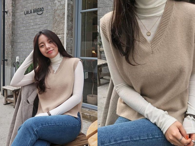 phối áo gile với áo giữ nhiệt nữ tính