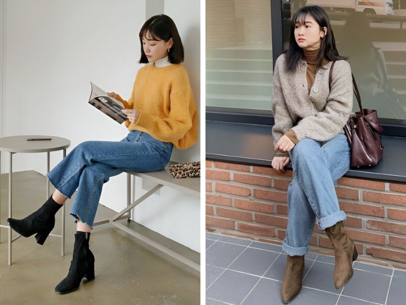 Phối boot cổ lửng và quần jean 