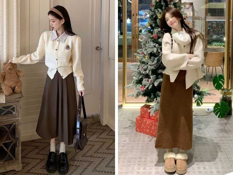 Chân váy dài nâu phối cùng áo màu be