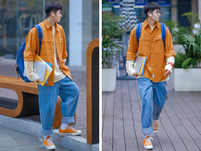 Phối đồ màu xanh dương và cam cho nam