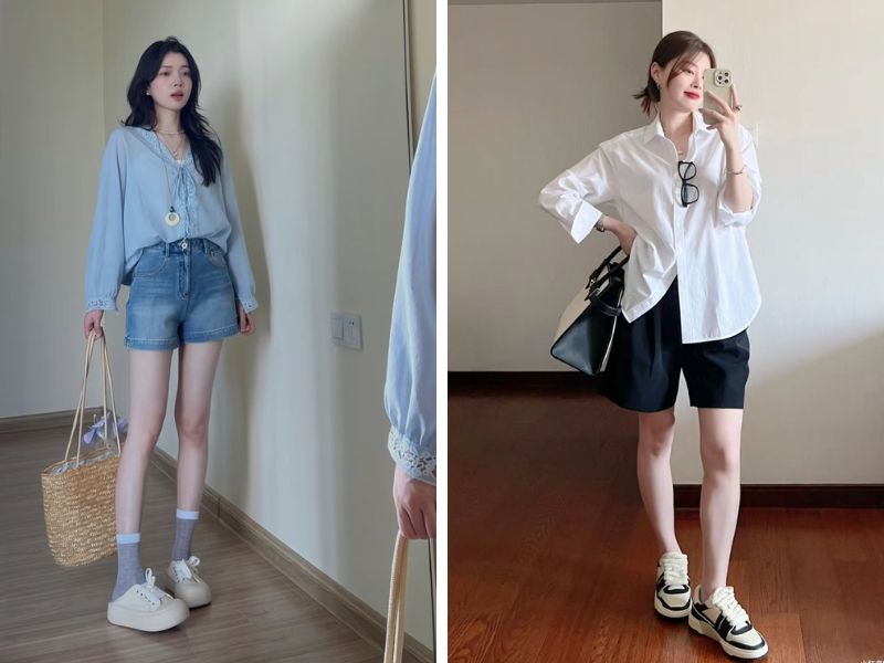 áo sơ mi tay dài nữ phối quần short