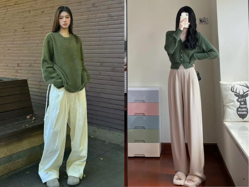Áo xanh rêu phối quần be hoặc kem
