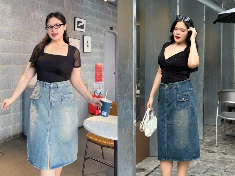 Áo đen phối chân váy jeans cho nữ béo