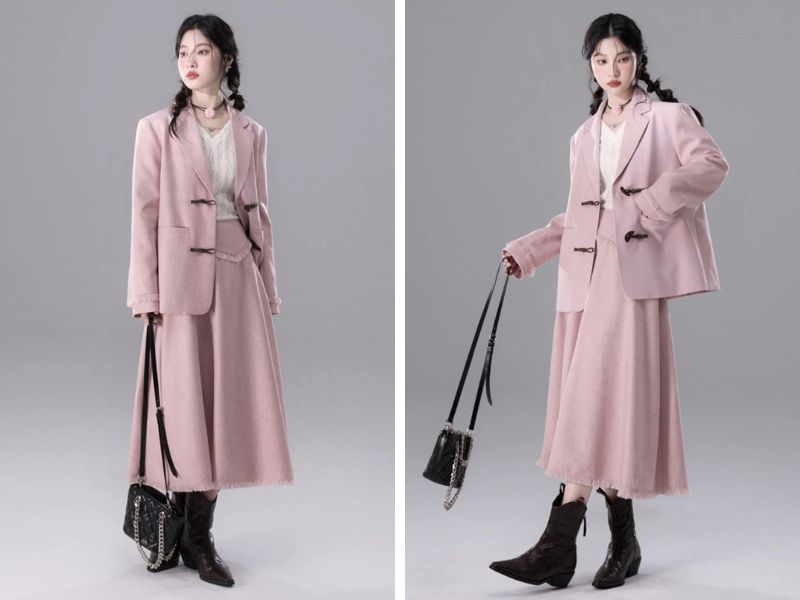 Cách mix chân váy suông dài với áo blazer