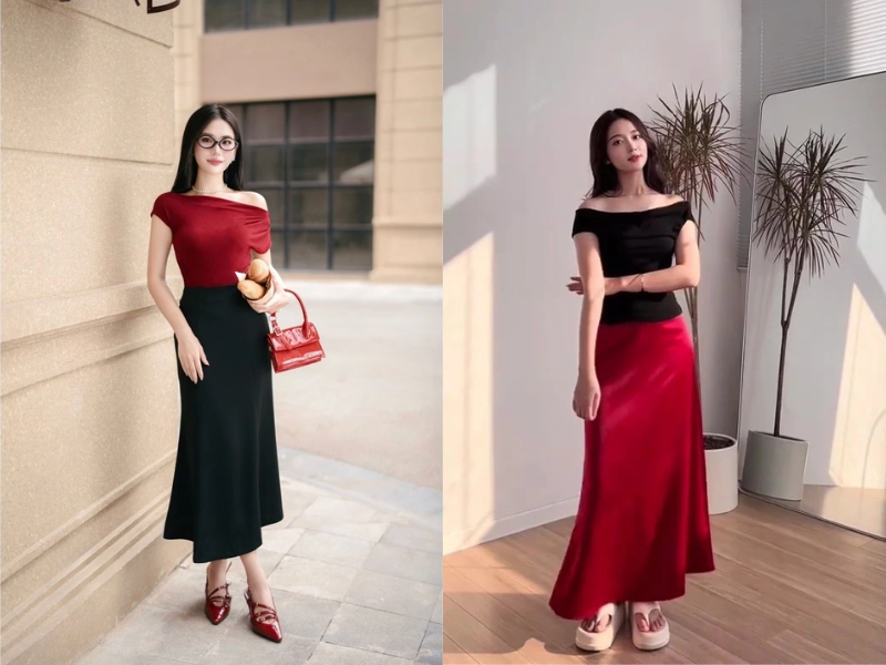 áo trễ vai và chân váy lụa satin