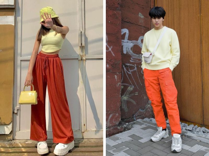 quần cam và áo màu vàng pastel