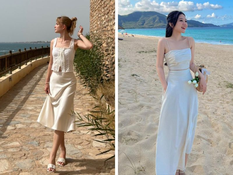 váy lụa và áo hai dây đi biển
