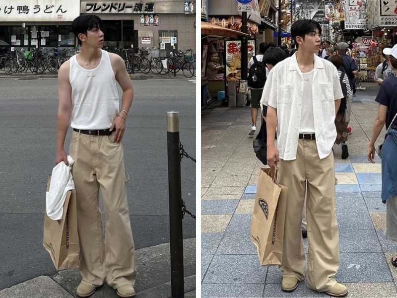 Phối outfit nam tone be và trắng