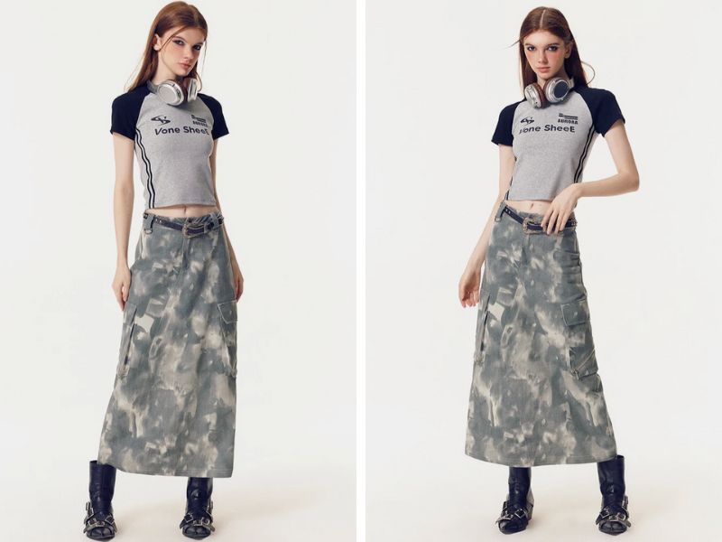 Cách mix chân váy dài với áo croptop