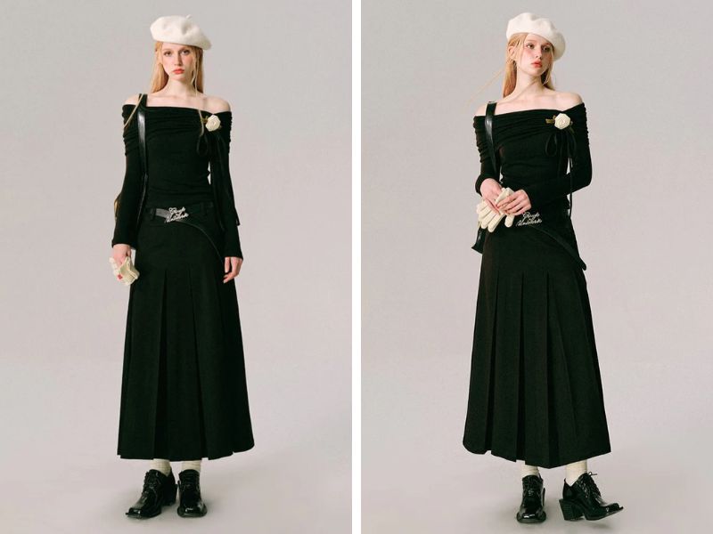 Cách phối chân váy dài với áo trễ vai