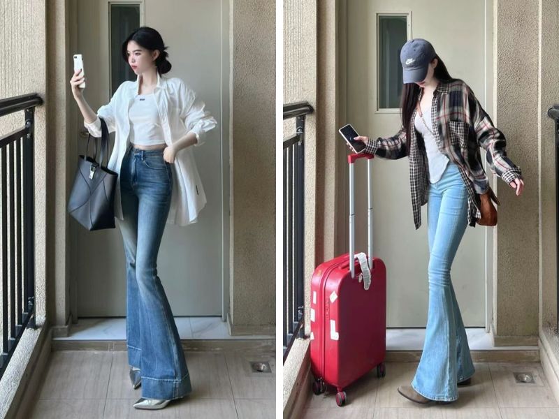 Cách phối quần jean ống loe nữ với sơ mi