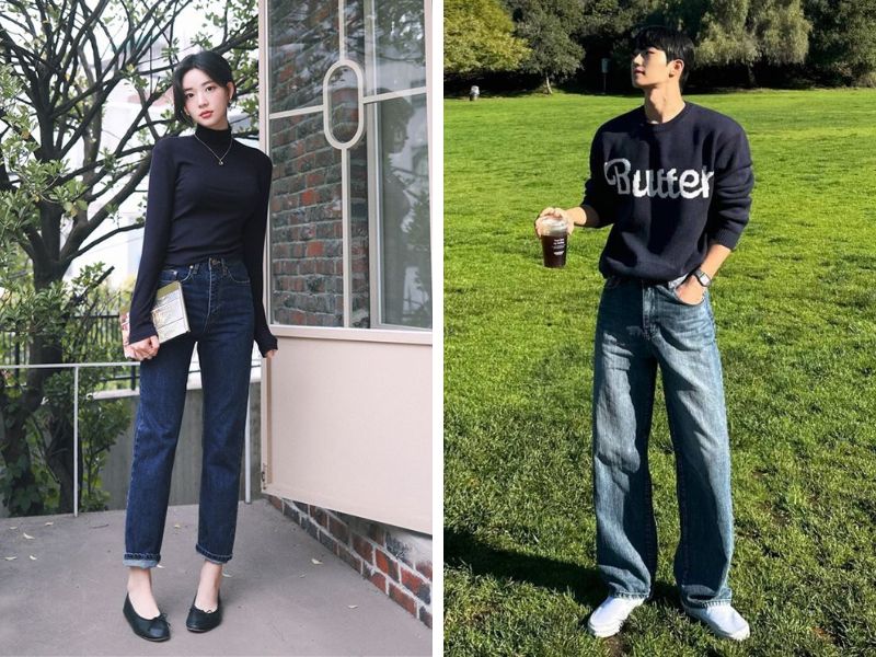 áo đen và quần jean xanh navy