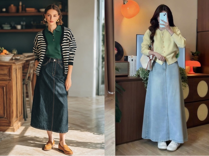 Phối đồ với chân váy jean chữ A với áo cardigan len tay dài