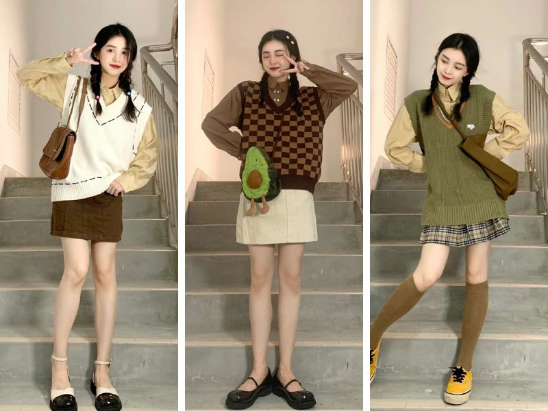 Cách phối áo len gile với chân váy