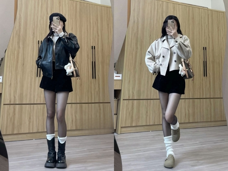 Áo len cổ cao phối chân váy chữ A và áo khoác ngắn