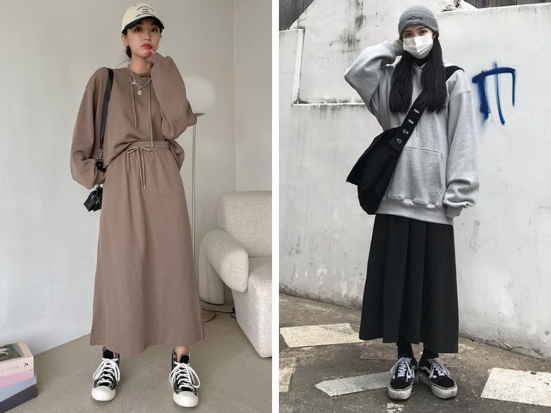 áo hoodie và chân váy chữ a