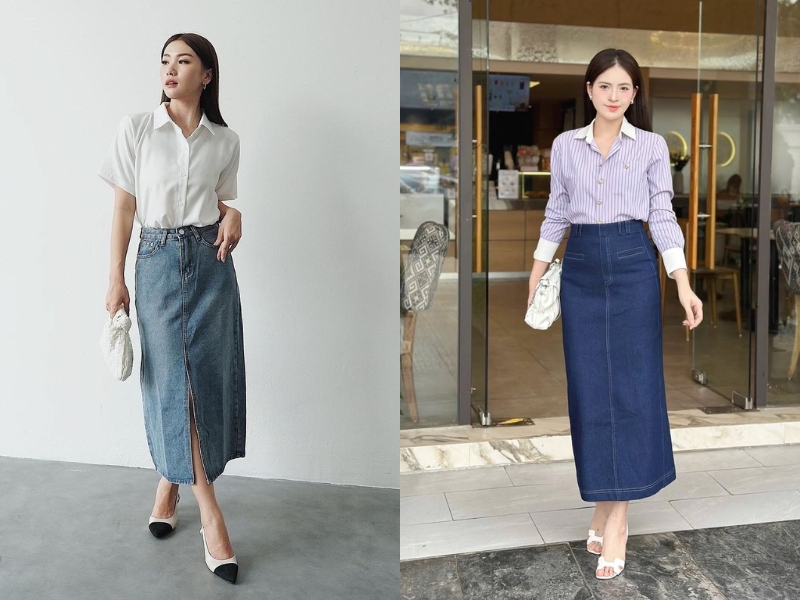 Phối đồ với chân váy jean chữ A dài