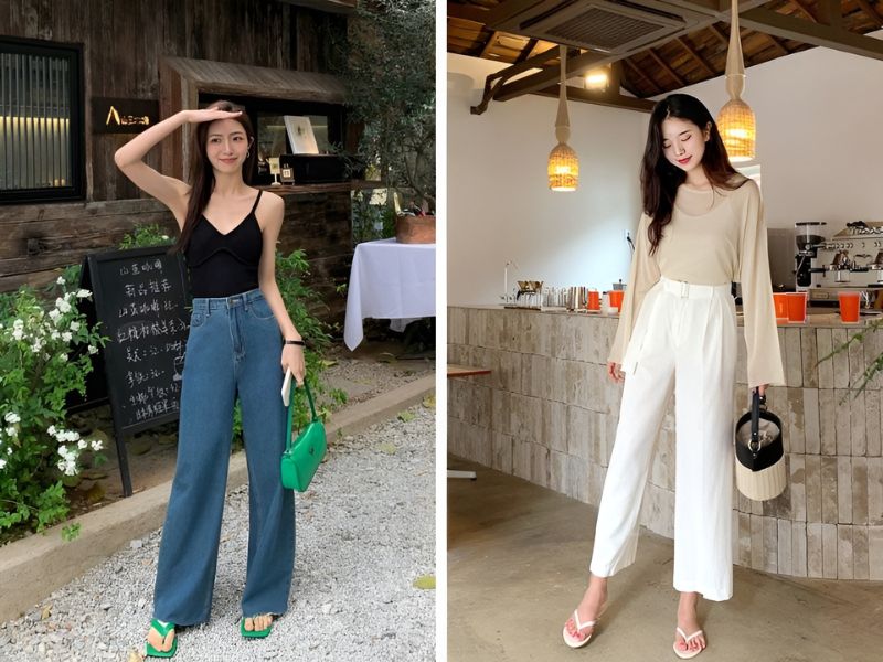 Phối quần ống rộng và dép bệt