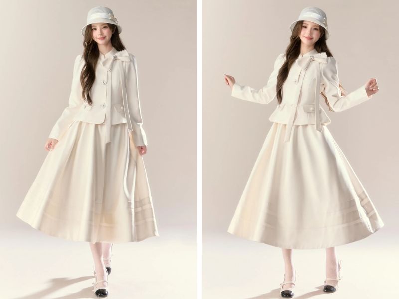 Cách phối chân váy suông dài với áo dạ