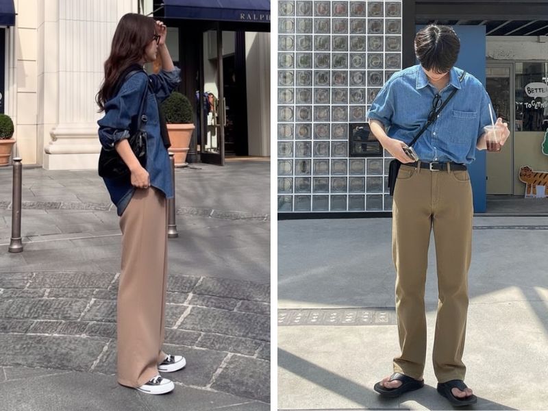 quần nâu nhạt và áo denim