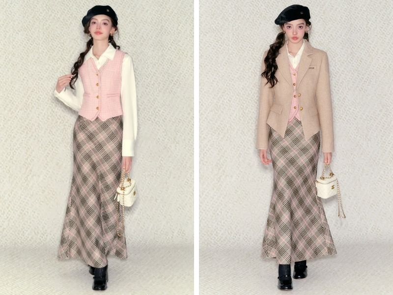 Cách phối áo len gile với chân váy đuôi cá