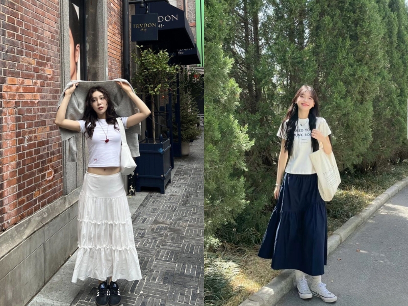 Phối đồ với chân váy chữ A dài và babytee
