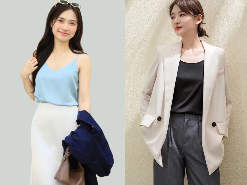 kiểu áo sơ mi lụa phối áo vest