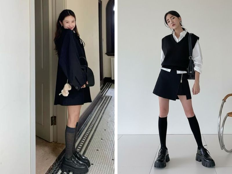 cách phối boot cho người lùn outfit monochrome màu đen với boot cổ thấp