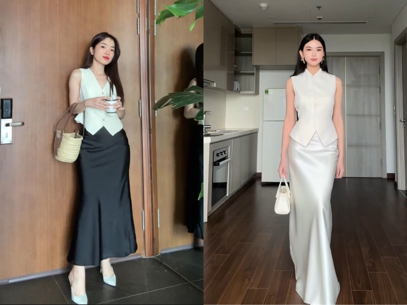 Phối đồ nữ chân váy dài nữ tính với áo gile
