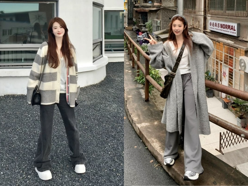 Áo cardigan dày phối quần ống rộng mùa đông