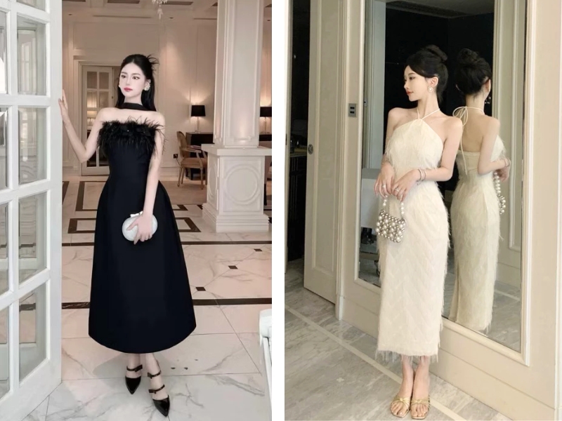 Phối đồ với đầm lông vũ đi tiệc sang trọng