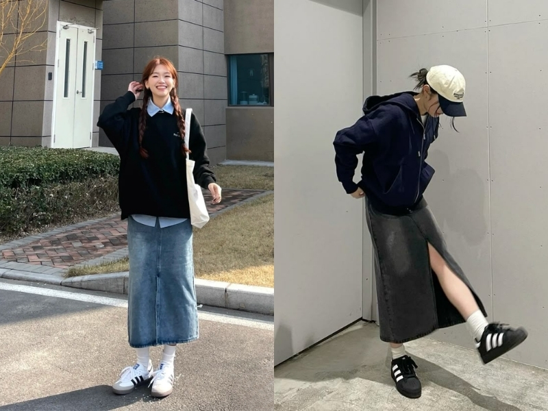 Hoodie hoặc sweater phối với chân váy jeans dài