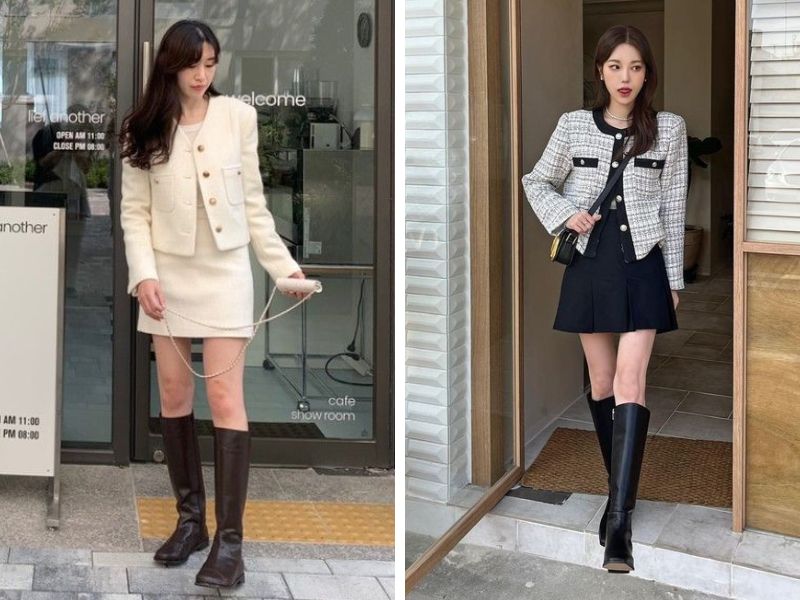 áo dạ và boot cao dưới gối