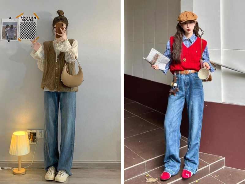Quần jean ống rộng mix cùng áo gile len