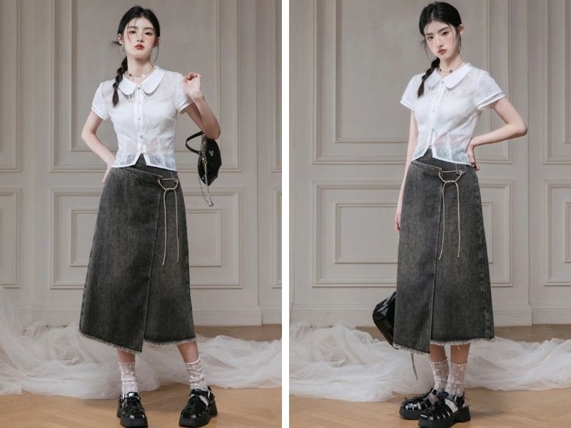 Cách phối chân váy jean dài với sơ mi croptop