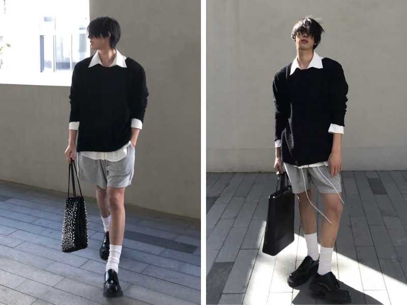Phối quần short nam màu xám với sweater đen