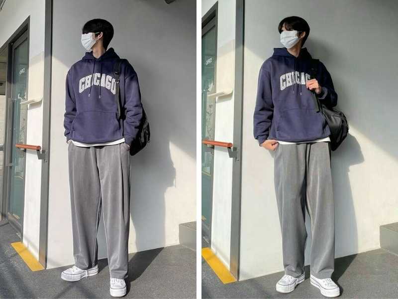 Hoodie nam màu xanh than phối với quần vải xám