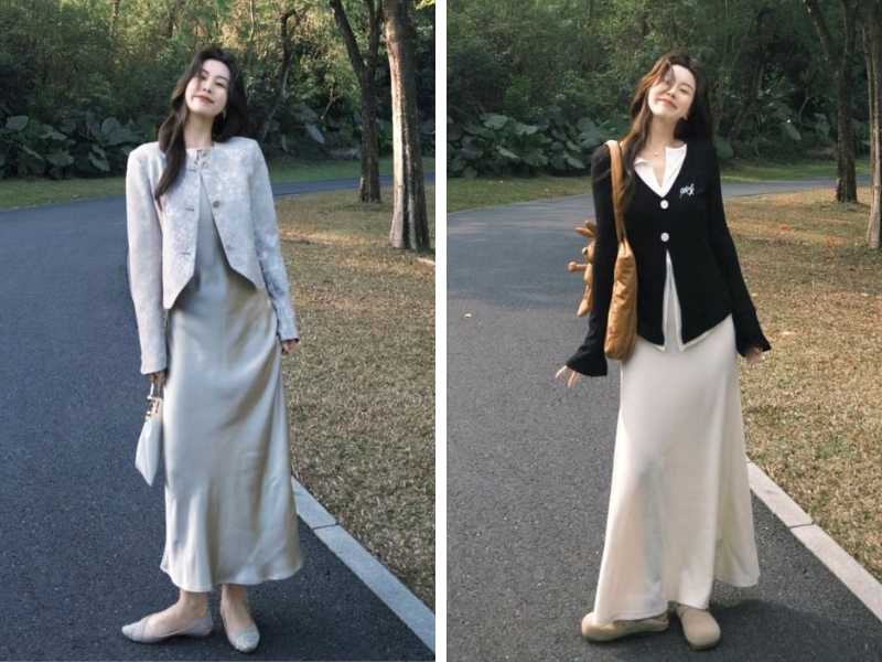 Cách phối váy lụa dài với áo khoác lửng